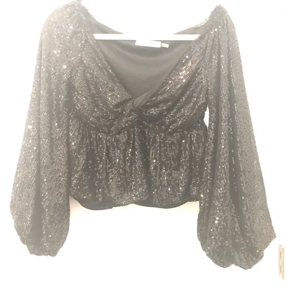 GLIMMER SPARKLE & SHINE SEQUIN BALLOON SLEEVE TWIST FRONT TOP Black S Christmas - Picture 13 of 13